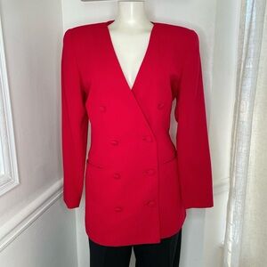 True Vintage 80s Red Collarless Blazer Office Siren Double Breasted Jacket 4